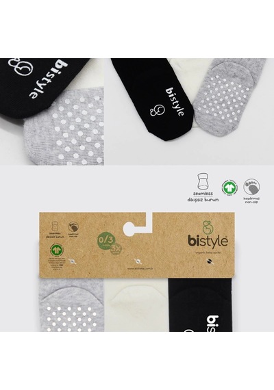 Bistyle Basic Kaymaz Penye Soket Çorap 3'lü Bs10107 Siyah Ekru Gri Siyah Ekru Gri Siyah - Ekru - Gri