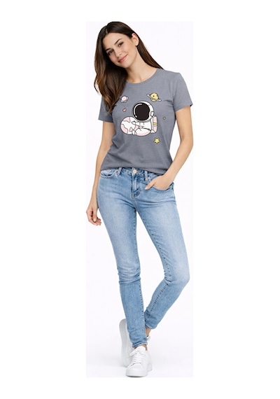 Sevgili Kombini Astronot Baskılı Çift Tişört Oversize Unisex Partner Tişört 2 Li Set Mavi