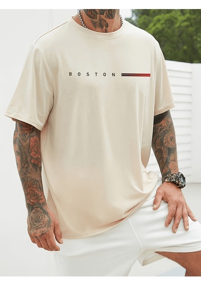 Unisex Boston Tasarım Basklı Tshirt Bej