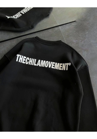 Kışlık Bisiklet Yaka Oversize Baskılı Sweatshirt - Siyah Siyah