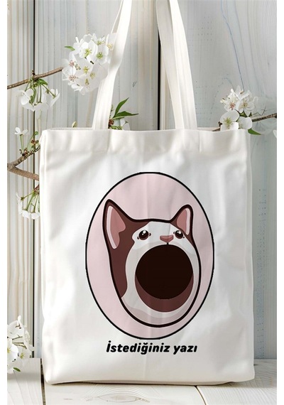 Art Hediye Popcat Baskılı Bez Çanta Omuz Çantası Kişiye Özel Desen 2 Çok Renkli