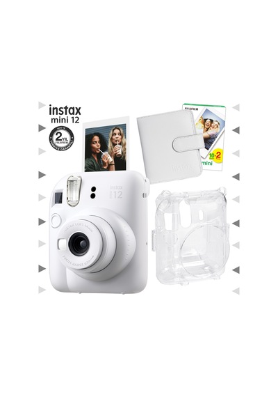 Fujifilm Instax Mini 12 Fotoğraf Makinesi + 20'li Film + Kare Albüm + Şeffaf Kılıf Seti Beyaz