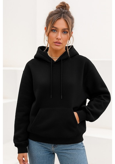 Kadın Siyah Kanguru Cepli Kapüşonlu Scuba Sweatshirt Siyah