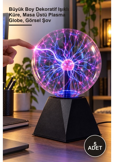 5 Adet Tesla Plazma Küre Büyük Boy Dekoratif Işıklı Küre, Masa Üstü Plasma Globe, Görsel Şov