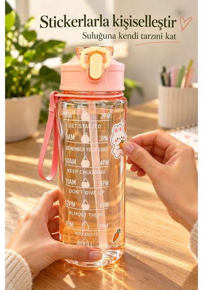 Madamev 3lü Motivasyonel Suluk Matara Seti 2000+750+280 Ml Pipetli Stickerlı Askılı Spor Ve Okul Su Çok Renkli