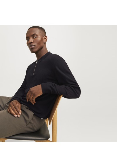 Jack & Jones Erkek Polo Yaka Uzun Kollu Triko Üst - Emil - 12268210 Siyah