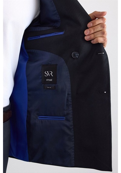 Süvari Lacivert Slim Kruvaze Yaka Düz Pike Torba Cep Yıkamalı 6 Drop Takım Elbise Tk1006900397-m09
