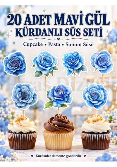 Hiras Dizayn Mavi Gül Kürdanlı Süs Seti 20 Adet Cupcake Pasta Sunum