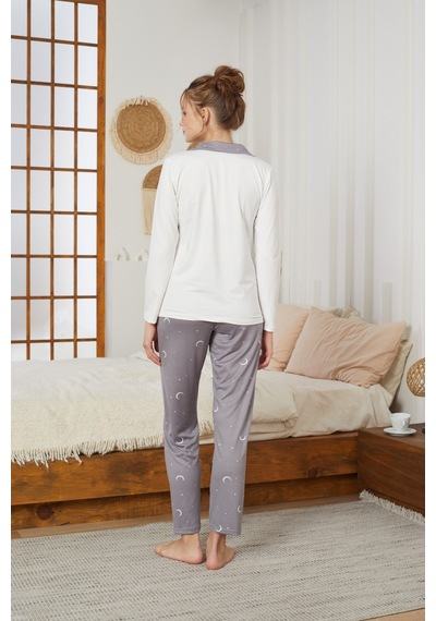 Siyah İnci Gömlek Yaka Düğmeli Milan Örme Pijama Takım25224008 Ekru