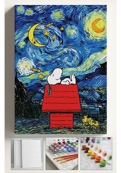 Sayılarla Boyama Seti Numaralı Tuval Fırça Boya 40x50 Cm - Yıldızlı Gece Snoopy