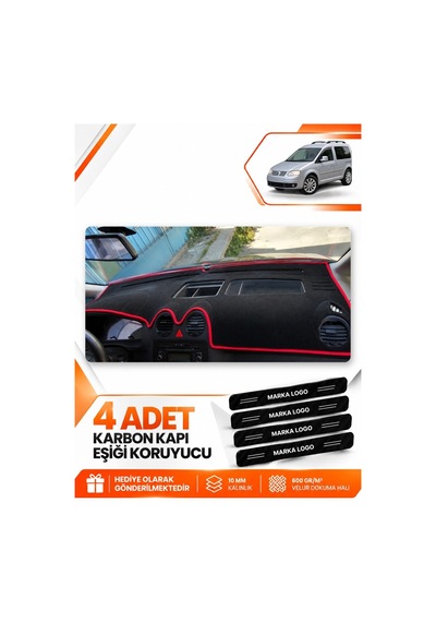 Volkswagen Caddy 2004-2010 Uyumlu Ön Torpido Koruma Kılıfı Halısı Örtüsü - Siyah Kırmızı