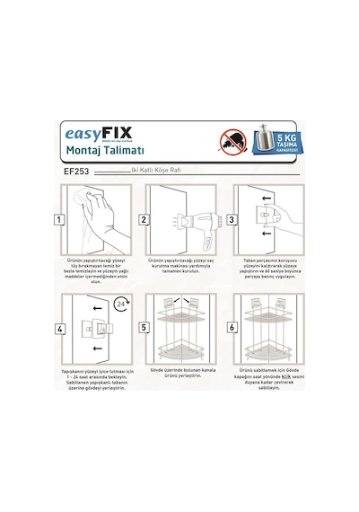 Banyo Köşe Rafı Kendinden Yapışkanlı 2 Katlı Kancalı Easyfix Siyah Siyah