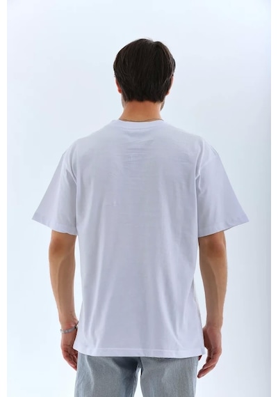 Unisex Oversize Düz Bisiklet Yaka T-shirt - Beyaz Beyaz