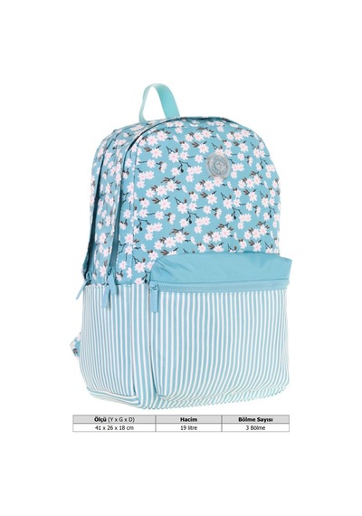 Kaukko Soft Floral Kız Çocuk Üç Bölmeli Turkuaz Çiçek Ve Çizgi Desenli Okul Sırt Çantası - K1796 Turkuaz