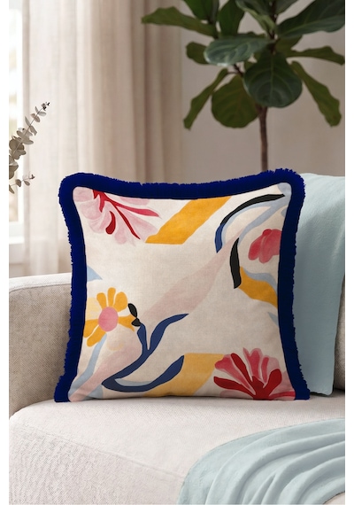 Soyut Çiçek Desenli Floral Saçaklı Yastık Kılıfı-sanatsal Boho Krem Lacivert Püsküllü Kırlent Kılıfı Haki