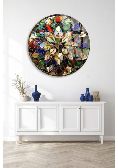 Vitray Çiçek Mandala Cam Tablo Modern Sanat Tablosu Canlı Renkli Baskı Ofis Ve Çalışma Odası Anlamlı Hediye Seçeneği Kolay Montaj Askılı