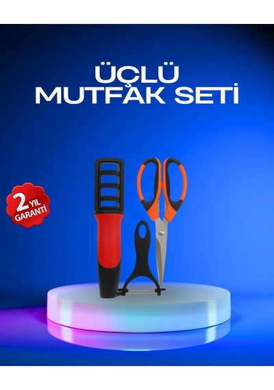Profesyonel Mutfak Makas Seti - Kesim Makası + Soyacak + Bileyici Çok Renkli