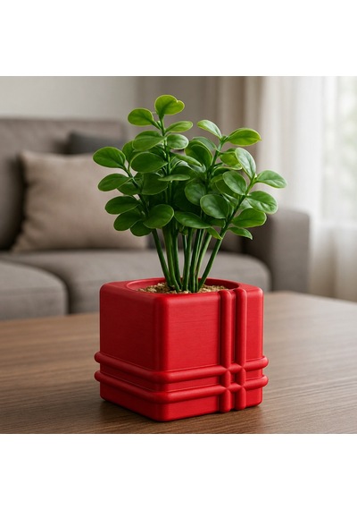 3d Baskı Square Planter - Izgara Desenli Küp Saksı-kırmızı
