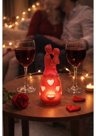 Romantik Çift Figürlü Epoksi Mumluk Kalp Detaylı Dekoratif Mum Lambası & Sevgili Hediyesi Alternatif Başlıklar Kırmızı