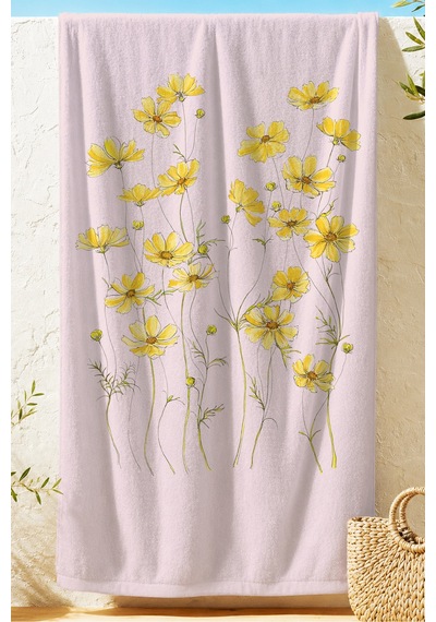 Pembe Zeminde Sarı Çiçek Temalı Plaj Havlusu - Bohem Pastel Floral Hızlı Kuruyan Mikrofiber Havlu Kül Rüyası