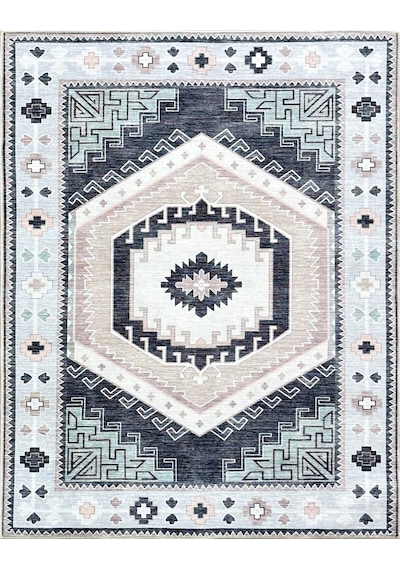 Geometrik Madalyon Desenli Siyah Ve Gri Etnik Halı - Ar856bg Siyah - Gri