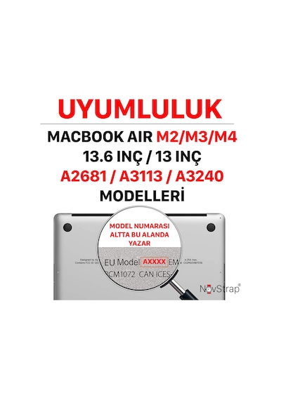 Novstrap Macbook Air M4 M3 M2 Çip 13.6" A3240 A3113 A2681 İle Uyumlu Parlak Kılıf + Siyah Klavye Kılıfı +ekran Koruyucu Film Şeffaf