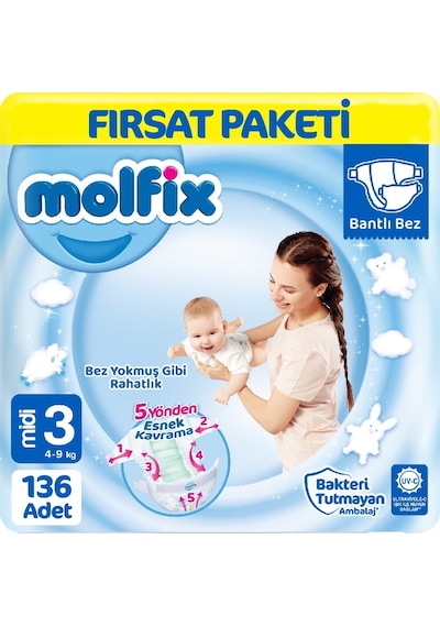 Molfix Bebek Bezi 3 Beden Fırsat Paketi 68 x 2 136 Adet 2'li