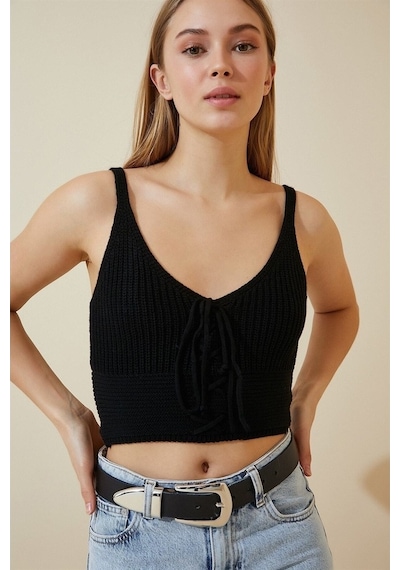 Aqe Fashion Kadın Siyah Önü Bağcıklı Bluz-Siyah