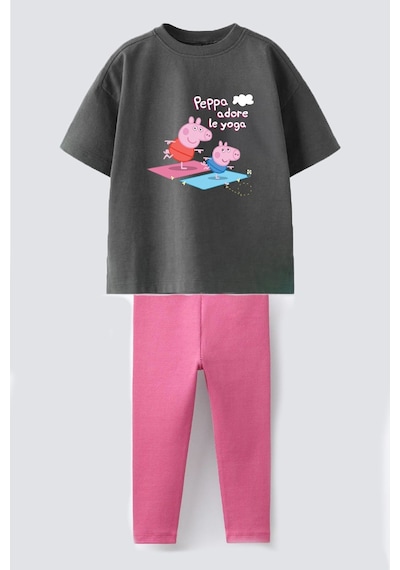 Monila Kız Çocuk Pamuklu Baskılı T-shirt Ve Fitilli Tayt 2'li Takım Antrasit