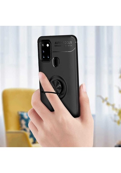 Kilifone - Galaxy A21s Uyumlu Kılıf Koruyucu Yüzüklü Karbon Ravel Silikon Kapak - Siyah-kırmızı - T13909