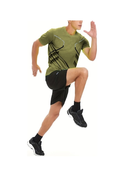 Ghassy Co. Erkek Ultra Esnek Nem Emici Vücut Geometrik Hızlı Kuruyan Hafif Spor T-shirt Haki