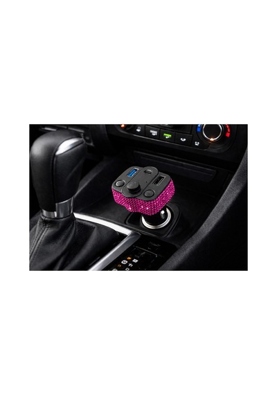 Araç İçi Fuşya Kristal Taşlı Fm Transmitter Bluetooth Usb Type-c Oto Çakmaklık