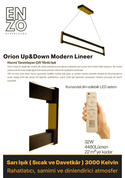 Orion Gold Lineer Led Sarkıt Avize Kumandalı Dim Edilebilir Aşağı Işık Sarı Işık