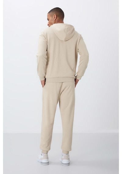 Tommy Life Bej Kompakt Pamuklu Kalın Pürüzsüz Dokulu Kapüşonlu Comfort Fit Erkek Eşofman Takım - 85262 Bej