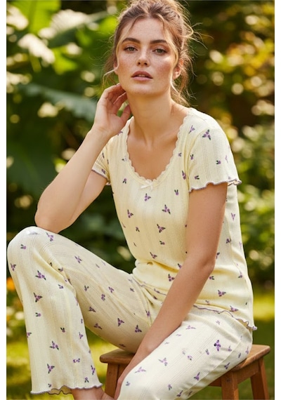 Siyah İnci Pamuklu Pointel Ajurlu/delikli Kısa Kolluörme Pijama Takım 26120641 Sarı