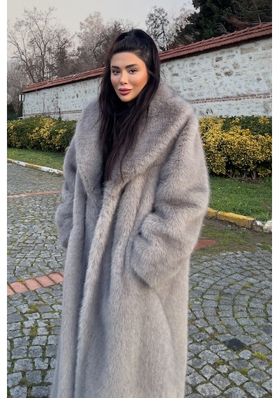 Açelyaokcu Premium Şal Yaka Mob Wife Suni Kürk Maxi Kadın Kaban Gri