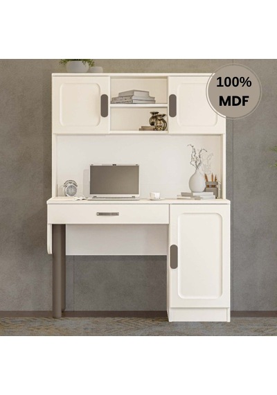 Manolya Mdf Kitaplıklı Dolaplı Çalışma Masası Krem