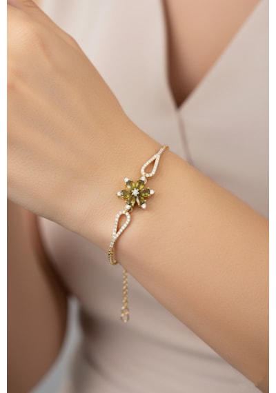 Çekirdekjewelry 925 Ayar Gümüş Zirkon Taşlı Çiçek Figürlü Zarif Altın Renk Kadın Bileklik Sarı Zeytinyağı