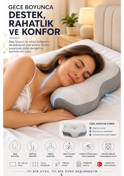 Premium Visco Yastık 62x42 Cm Boyun Destekli Ortopedik Uyku Yastığı Açık Gri