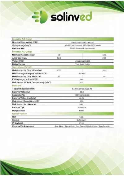 Solinved Aspendos Serisi All In One 6kw-48v Inverter + 51.2v 100ah 5.1kwh Batarya