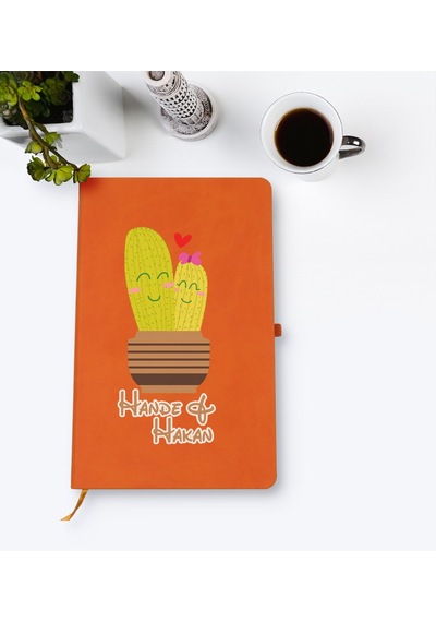 Kişiye Özel Kaktüs Tasarımlı Turuncu Termo Deri Defter Model 13