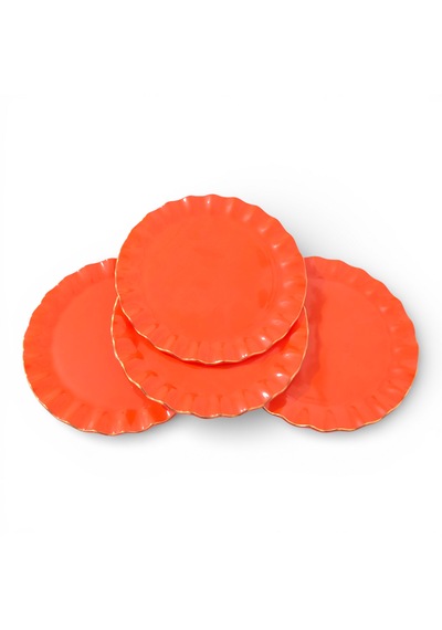 Sudedi Home Gerçek Altın Yaldızlı Cam Pasta Tabağı 21 Cm Turuncu 4 Kişilik Set Turuncu