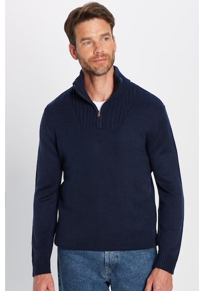 Tudors Erkek Slim Fit Dar Kesim Armürlü Fermuarlı Lacivert Dik Yaka Kazak-31396 Koyu Lacivert