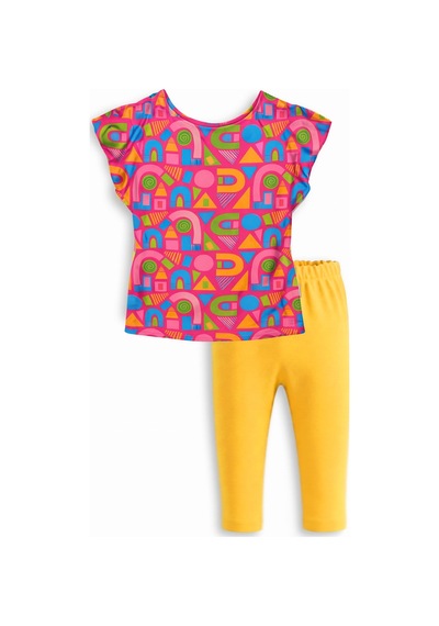 Haribo Lisanslı Fırfırlı Kollu Desenli T-shirt Tayt Takım Fuşya