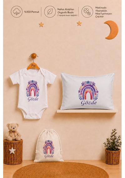 Pia Baby İsme Özel Erkek Bebek Hediyesi %100 Pamuk Organik Baskılı Body Yastık Kılıfı Ve Ham Bez Kıyafet Kesesi 1059byk0x Ekru