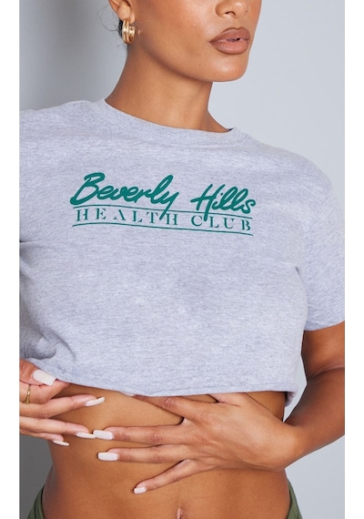 Gri Oversize Beverly Hills Crop - Oversize Baskılı Gri