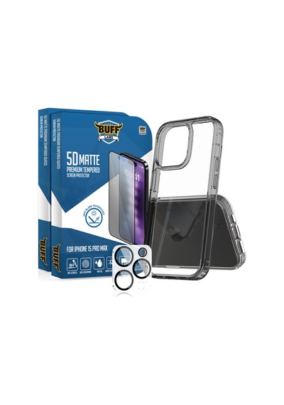 Buff Apple iPhone Uyumlu 15 Pro Max  Paket - 2x5d Ekran Koruyucu + Siyah Kılıf + Lens Koruyucu Matte Mat
