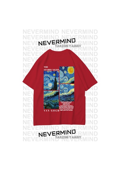 Nevermınd Unisex Van Gogh Baskılı Oversize Tişört Kırmızı Kırmızı