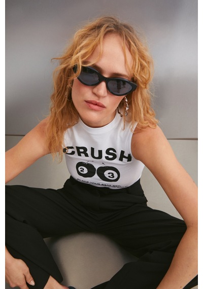 Grımelange Azura Kadın Baskılı Kısa Kollu Crop Beyaz T-shirt