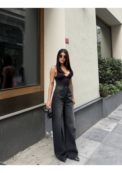 Out Of Standart Kadın Extra Wide Leg Yüksek Bel Geniş Paça Jean Pantolon Siyah